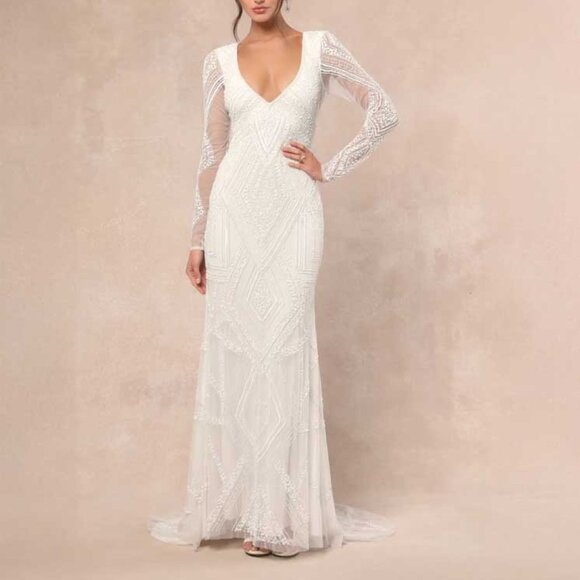NWT lulus Deedra White Sequin Beaded Backless Maxi Dress - Picture 1 of 6